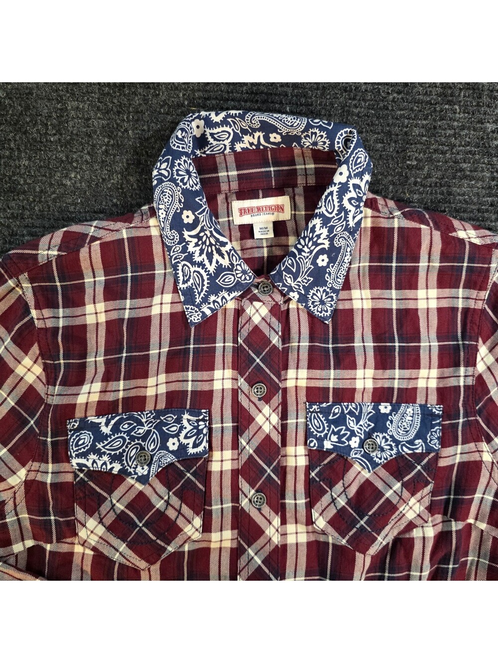 True Religion Women's Medium Plaid Button-Up Shirt with Paisley Detail